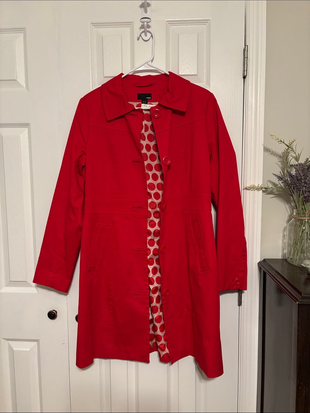 H&M Red Women's Trench Coat with Polka Dot Lining
